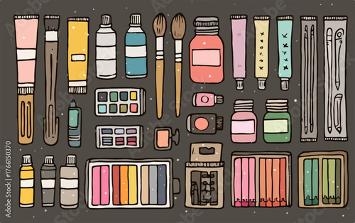 Una vasta collezione di strumenti e materiali artistici essenziali, disposti con cura per ispirare la creatività e l'espressione pittorica.