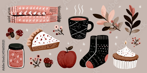 Una collezione vettoriale di elementi accoglienti per l'autunno e l'inverno, con cibo, bevande calde e accessori confortevoli, perfetta per design stagionali.