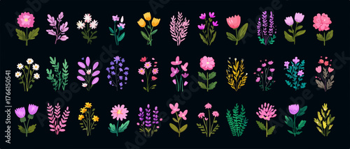 Una ricca selezione di illustrazioni floreali in pixel art, ideali per arricchire progetti digitali con un tocco artistico unico.