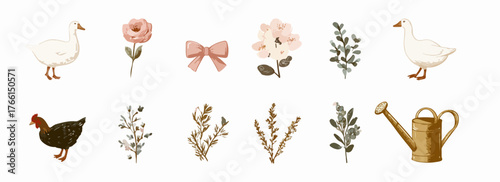 Set artistico di elementi acquerello che evocano la serenità della campagna, con oche, galline, fiori e attrezzi da giardinaggio in stile delicato.
