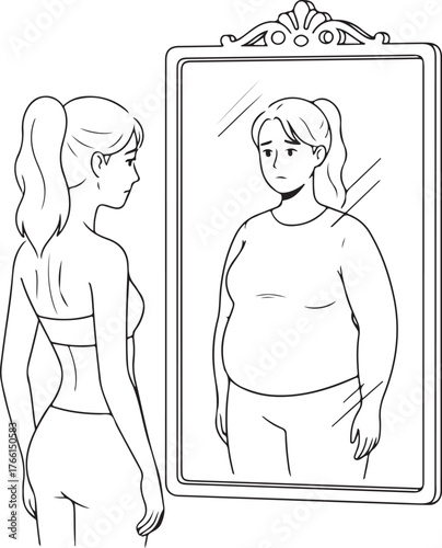 Woman with Body Dysmorphia Looking in Mirror, Perceiving Herself as Overweight and Unhappy, a Concept of Self-Perception, Weight Issues, and Mental Health Struggles