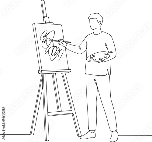 Continuous Line Drawing Artist Painting on Canvas. Creative male painter at easel with brush and palette, embodying art, hobby, and artistic expression