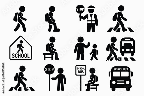 School crossing guards and students walking to school icons set