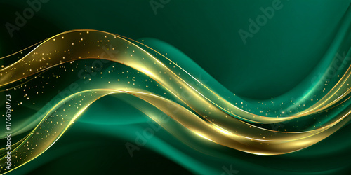 A luxurious abstract background with a dark green gradient and golden curved lines and waves. Shiny elements. An elegant festive composition for a New Year's banner. Minimalistic design.