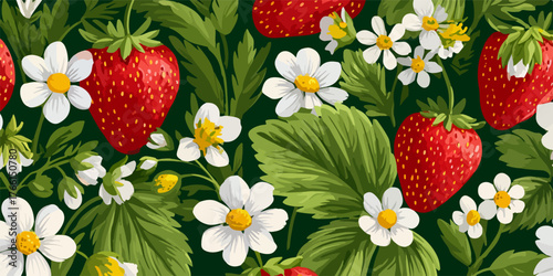 Elegante pattern vettoriale senza soluzione di continuità che celebra la freschezza estiva con fragole rosse, foglie verdi e candidi fiori selvatici.