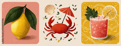 Illustrazioni vettoriali estive che catturano la freschezza di un limone, la vivacità di un granchio e il piacere di un cocktail rinfrescante.