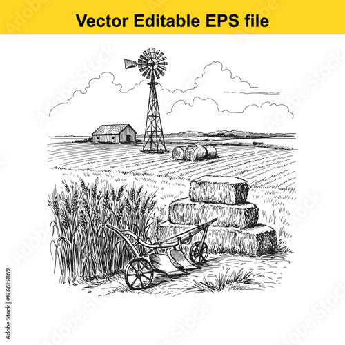 Vector art of farm landscape with windmill, stacked hay bales, plow, and wheat field