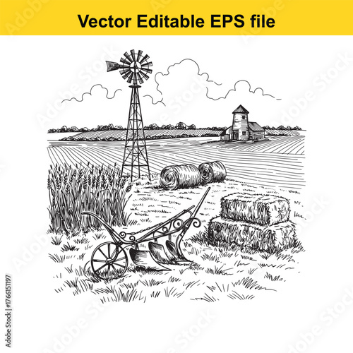 Vector art of detailed handdrawn sketch of a farm scene featuring a windmill, barn, hay bales, and a plow, showcasing rural life and agricultural tools