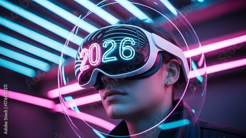 A person wearing VR glasses in a futuristic setting with the year 2026.