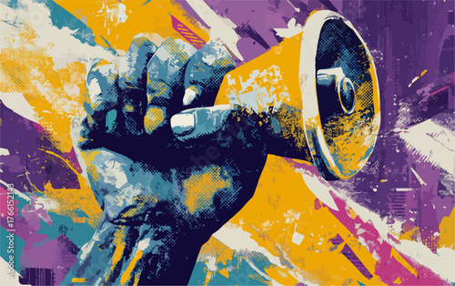 Un'illustrazione vettoriale dinamica e astratta mostra una mano che stringe un megafono, evocando la forza della comunicazione e l'urgenza di un messaggio.