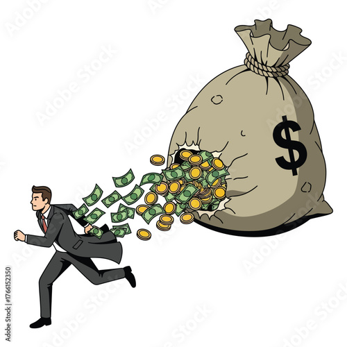 Businessman Running From Money Bag With Spilling Cash.