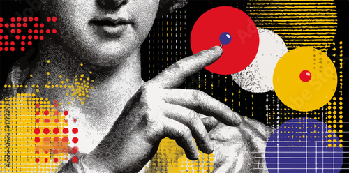 Un'interazione affascinante tra arte classica e grafica digitale moderna, con elementi geometrici colorati che evocano creatività e innovazione.