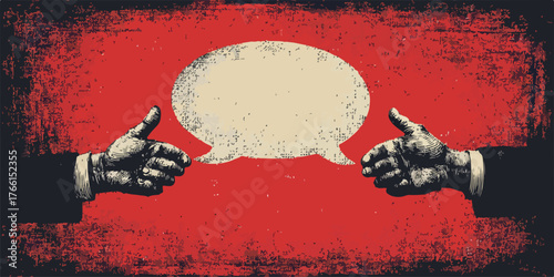 Illustrazione vettoriale grunge che evoca il dialogo e l'espressione, con mani stilizzate che si confrontano attorno a una bolla di discorso su sfondo rosso.