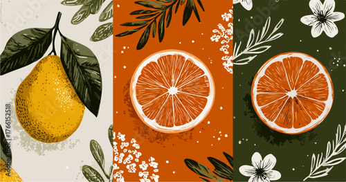 Una vibrante composizione vettoriale che celebra la freschezza della frutta con pera e agrumi, arricchita da dettagli botanici e texture suggestive.