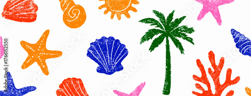 Un vibrante motivo estivo senza soluzione di continuità, con elementi marini stilizzati e colorati che richiamano la gioia delle vacanze al mare.