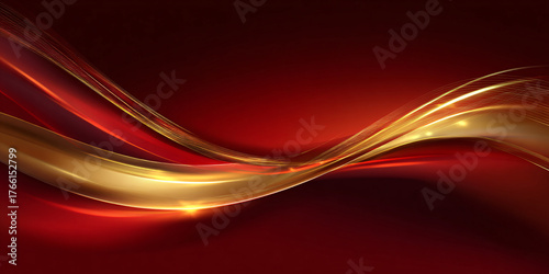 A luxurious abstract background with a red gradient and golden curved lines and waves. Shiny elements. An elegant festive composition for a New Year's banner. Minimalistic design.