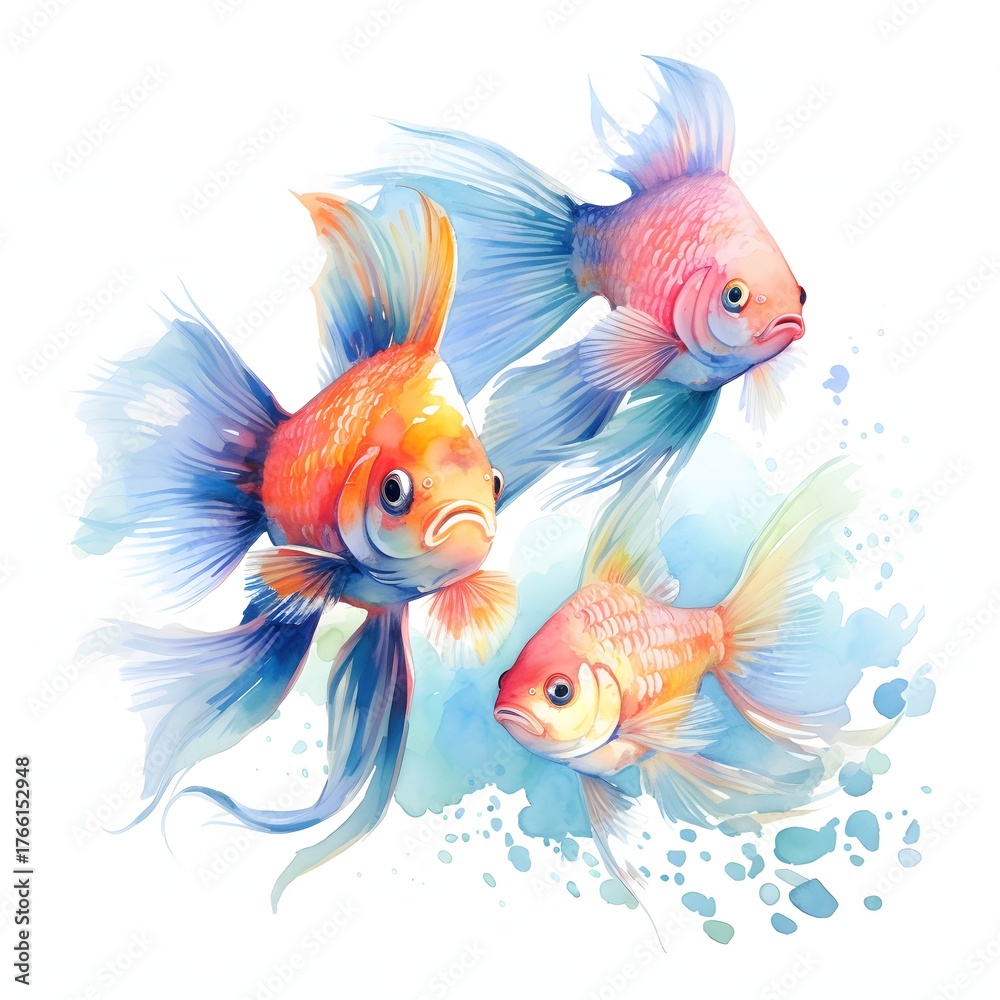 Fototapeta premium Three goldfish with flowing fins in a watercolor style