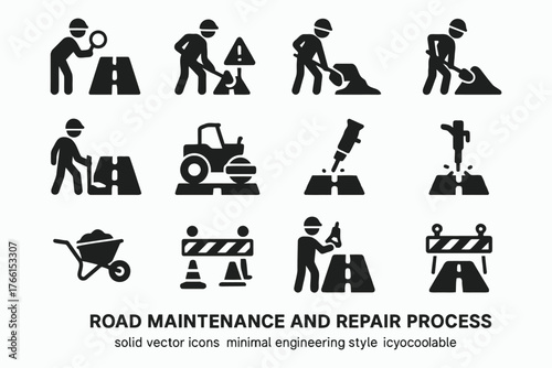 Collection of road maintenance and repair process icons in a simple style