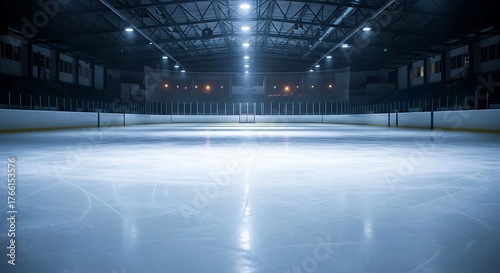 Ice Arena Under the Lights: An empty ice arena gleams under the bright lights, the vast expanse of the rink offering a sense of space and possibility.
