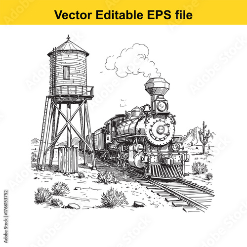 Vector art of old steam locomotive at a water tower on a railway line in a dry landscape