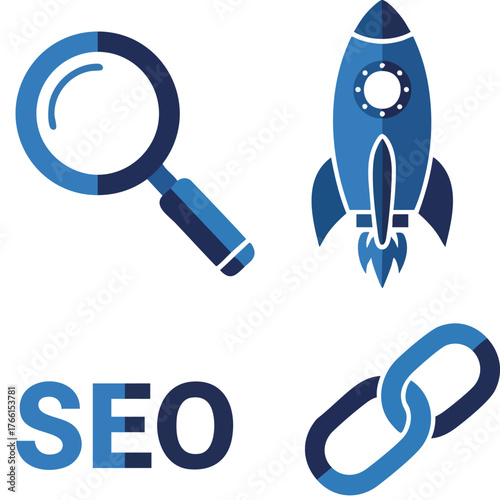 Blue Icons Representing Search Engine Optimization Concepts.