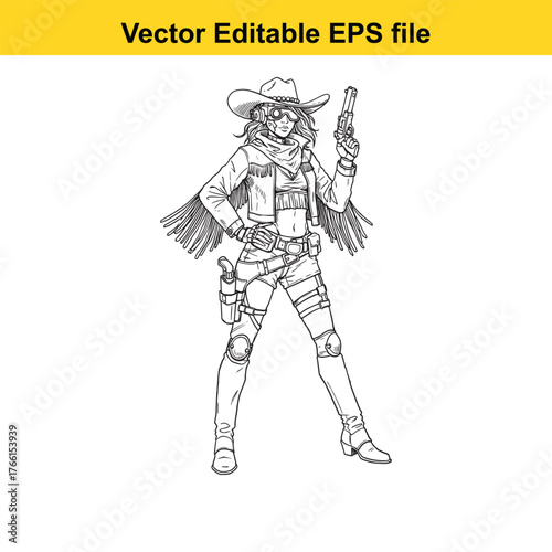 Vector art of a female cowboy with a hat, scarf, and guns, isolated on a