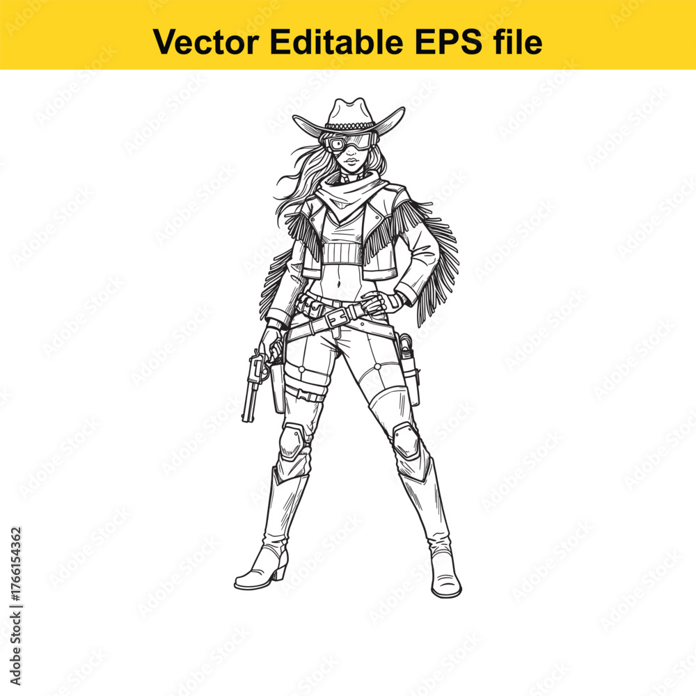 Fototapeta premium Vector art of cowgirl with a revolver and a rifle