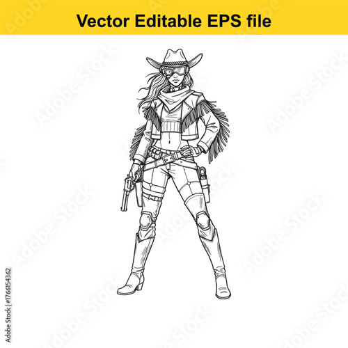 Vector art of cowgirl with a revolver and a rifle