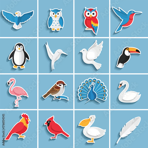 Collection of diverse bird species displayed against a light blue backdrop, showcasing a colorful and varied avian world with paper cut style, creating a whimsical and cheerful atmosphere.