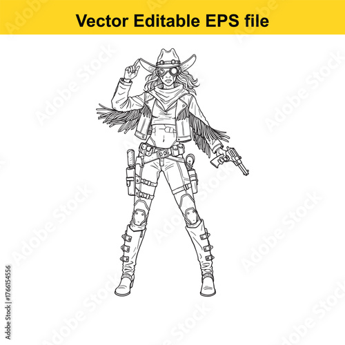 Vector art of vector illustration of a female cowboy with a gun and hat