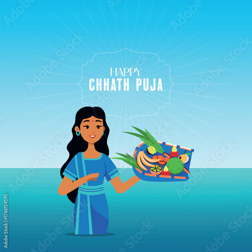 Happy Chhath Puja greeting card vector. A beautiful Indian woman in a blue saree holds a tray with Chhath prasad like fruits and offerings against a blue sky background.