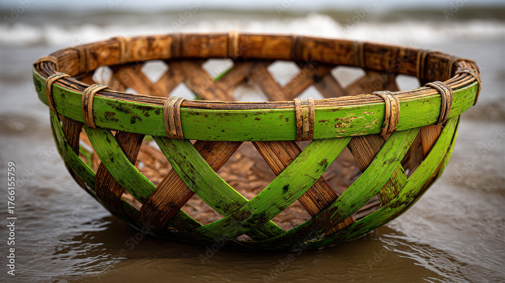 Obraz premium Traditional fishing basket rests on shore, showcasing its vibrant green color against backdrop of polluted waters