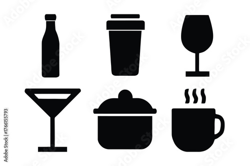 Collection of kitchen and food icons representing cooking and dining
