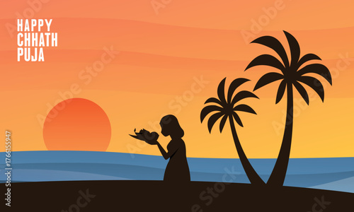 Happy Chhath Puja greeting with a silhouette of a woman offering Arghya to the setting sun over the water. Features palm trees and a beautiful sunset sky.