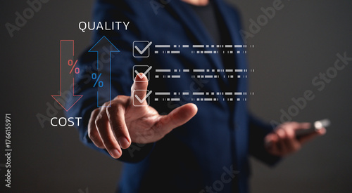 A professional person evaluates quality and cost, using digital checkmarks and graphs to illustrate decision-making processes.