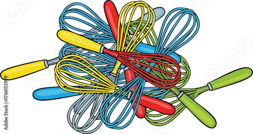 A Vibrant Assortment Of Kitchen Whisks In A Chaotic Pile With Colorful Handles And Metal Loops