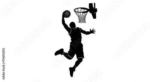 Black silhouette of a basketball player jumping to dunk a ball over a hoop