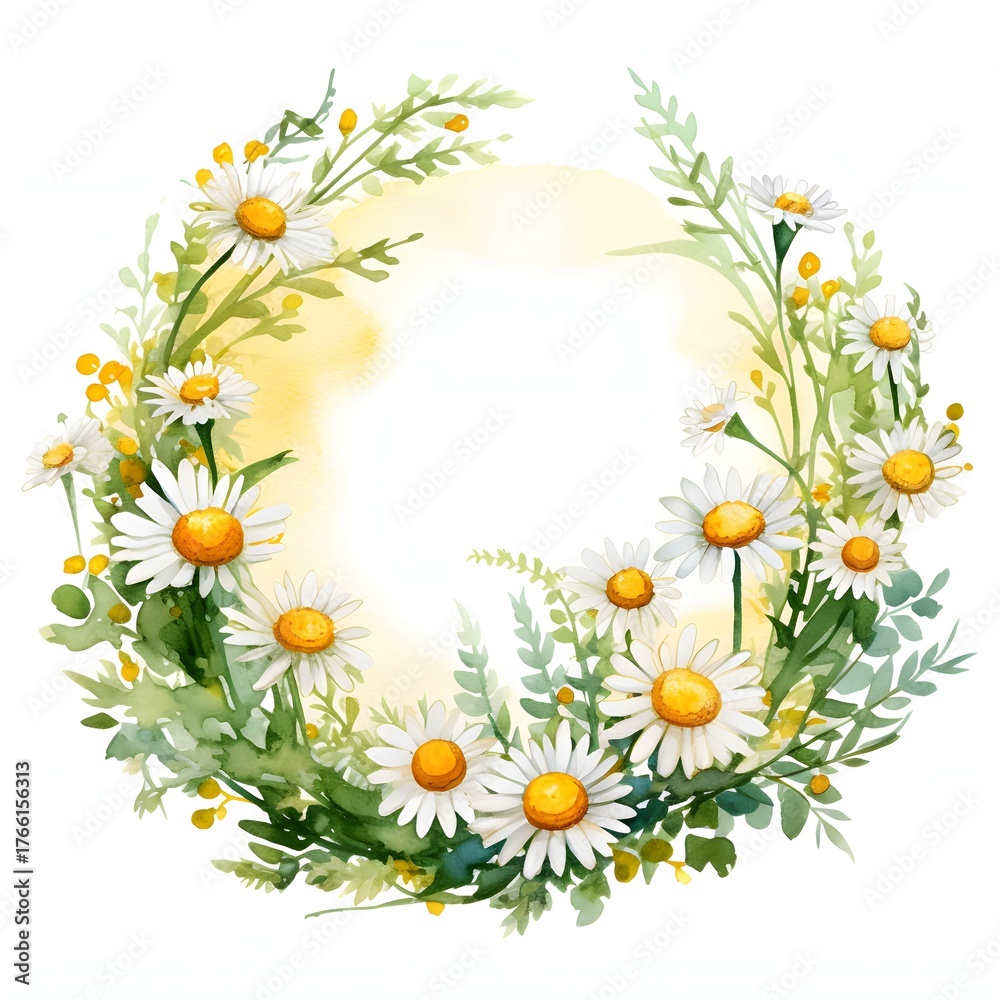 Fototapeta premium Watercolor wreath of daisies and greenery, perfect for spring or summer designs