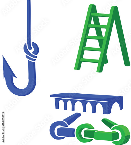 Colorful vector icon set with hook ladder bridge and shackle.