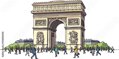Arch Of Triumph Landmark Paris France With People Walking And Trees In Background Colorful Illustration Style