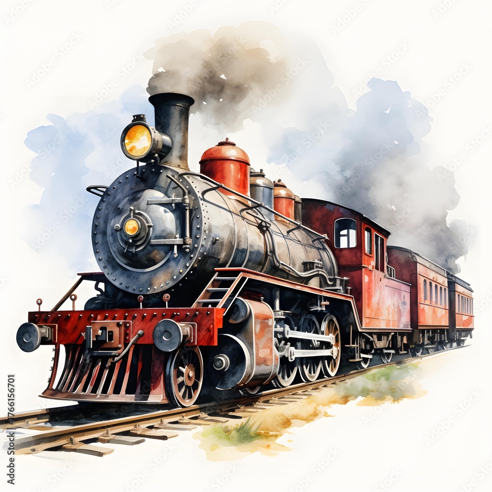 Fototapeta premium Vintage steam train with red carriages moving on railway tracks