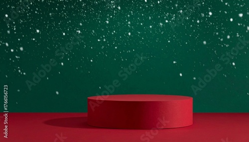 A circular pedestal for product display on a deep red floor and a deep green wall background.