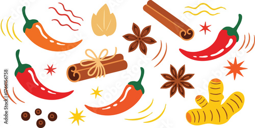 Assortment Of Chili Peppers Cinnamon Sticks Star Anise Ginger And Black Peppercorns On White Background