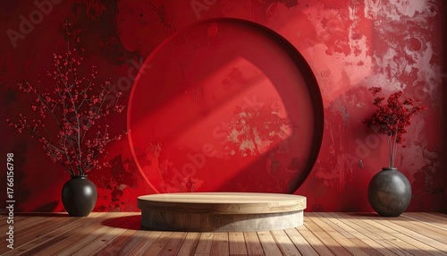 A circular pedestal for product display on a wooden floor and a deep red wall background.