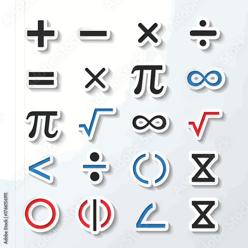 Mathematical symbols arranged on a white surface representing equations, formulas, and calculations in an educational context.
