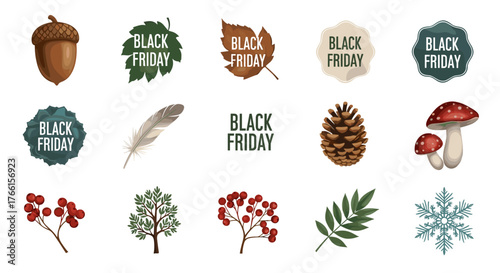 Collection of autumn themed elements including acorn leaves and black friday