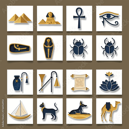 Egyptian symbols depicting ancient culture and mythology on square tiles showcasing cultural heritage and historical significance.