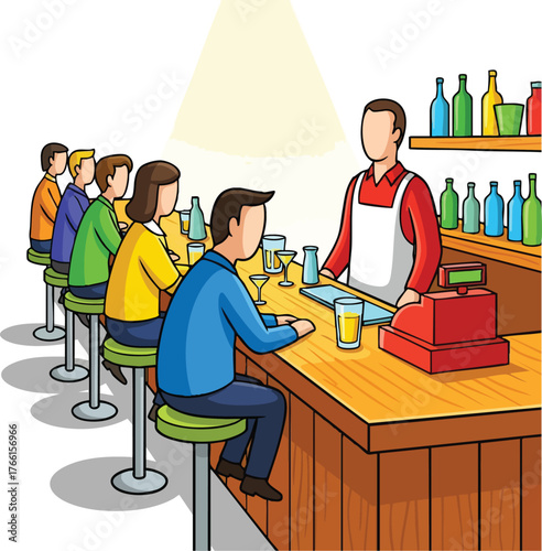 Bartender Serves Patrons Drinks At A Wooden Bar With Colorful Bottles Under Warm Lighting