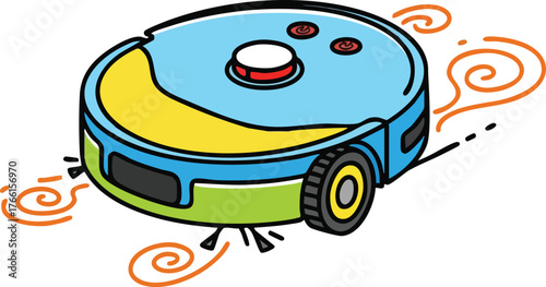 Blue and yellow robot vacuum cleaner with green accent moving across white surface with orange dust swirls
