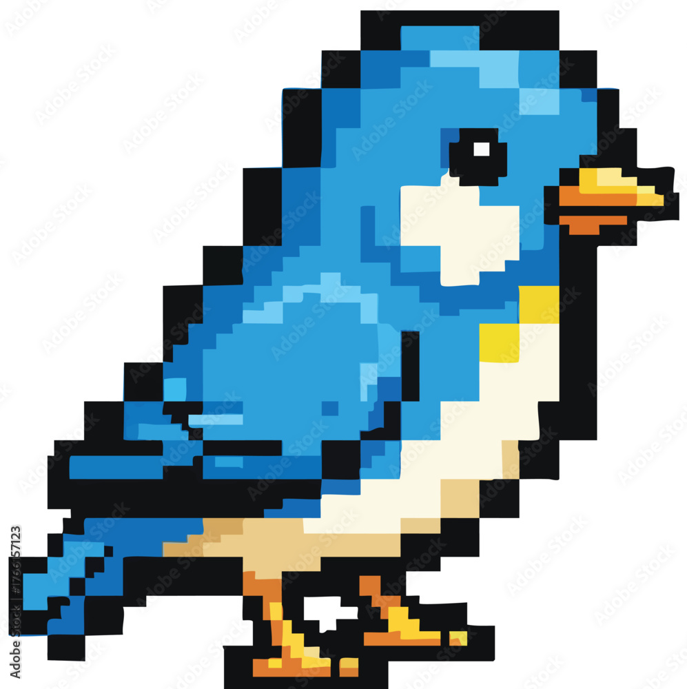 Fototapeta premium Cute blue bird character in 8 bit pixel style.